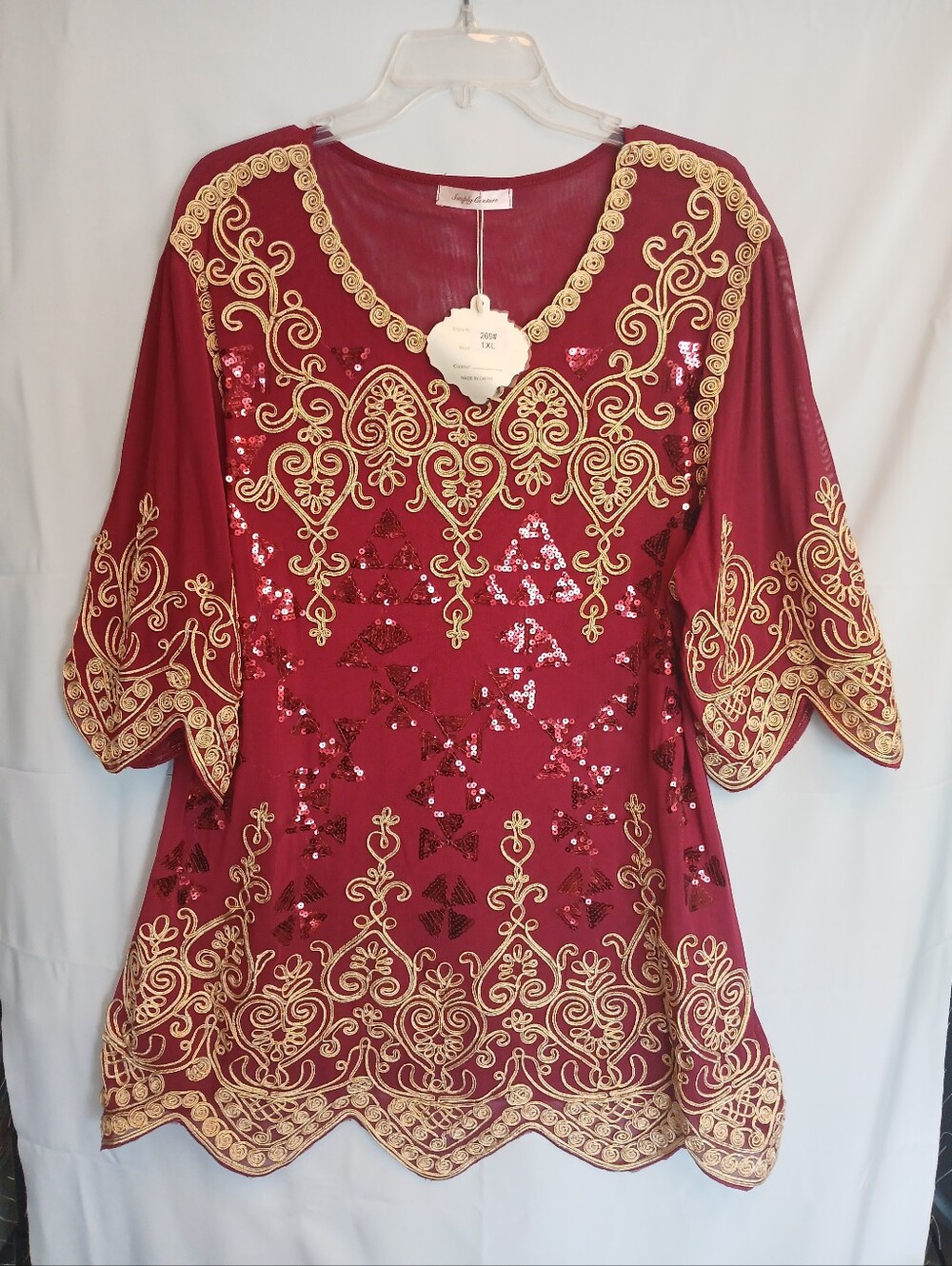 Red & Gold Soutache Embroidered Sequin Scalloped Hem Top 1X New!